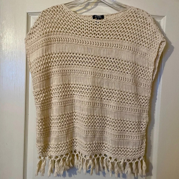 CHAPS Tribal Natural Cream Crochet Fringe Pullover Boho Sweater Size S/M Hippie - Picture 2 of 9